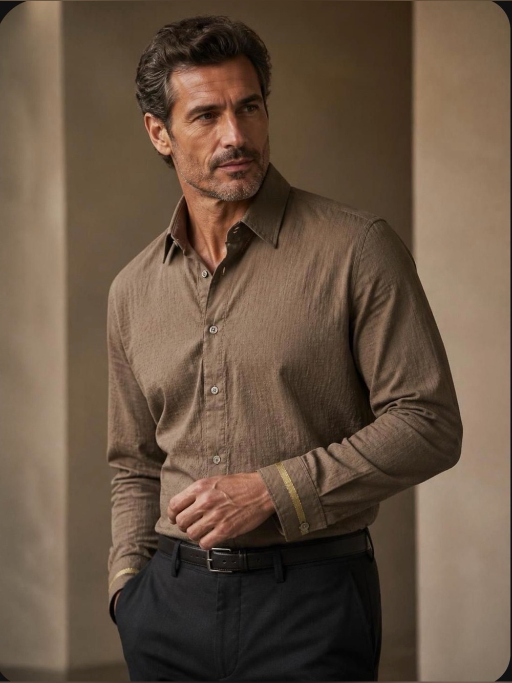 Mr. Turk Taupe Textured Long-Sleeve Button-Down Shirt with Ribbon Detail
